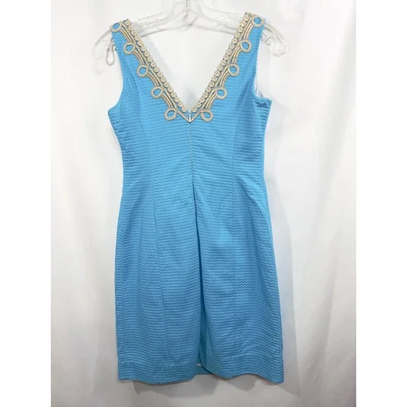 Lilly Pulitzer Size 00 Sheath Dress Sleeveless Textured Gold Trim Blue 797